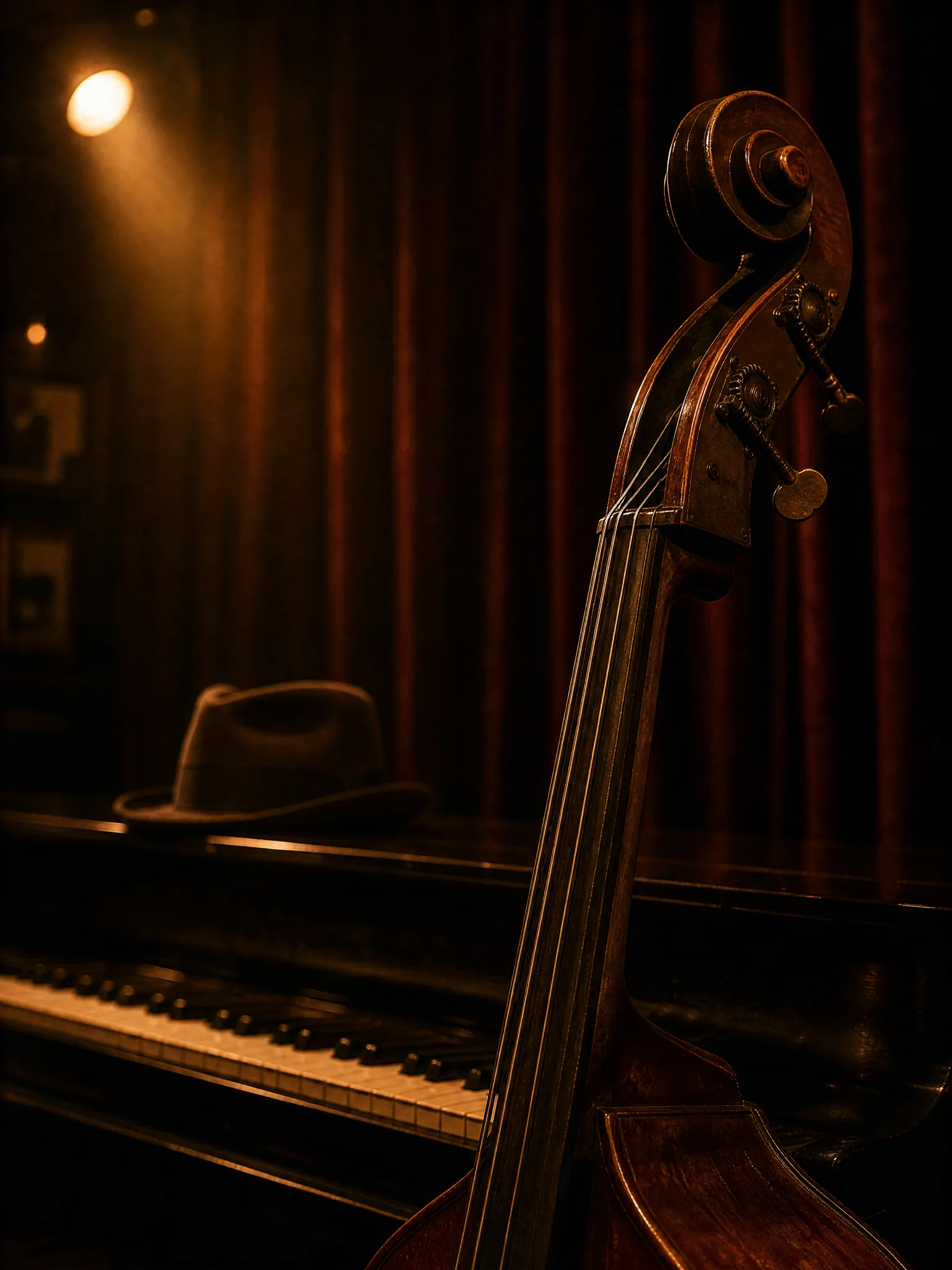 An upright bass and piano keys under a warm spotlight, a hat resting on the piano.