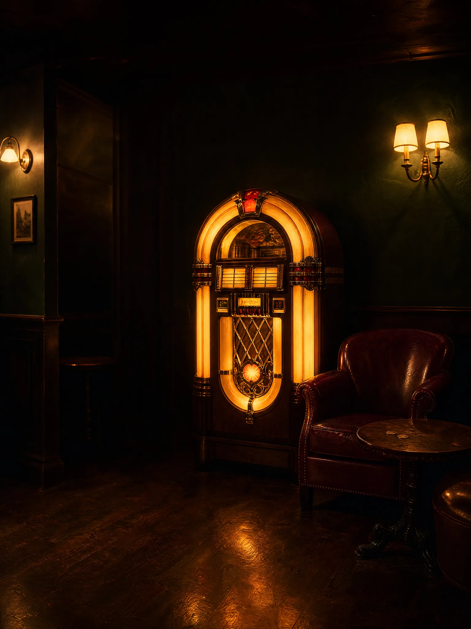 A glowing 1940s jukebox beside a wine-red leather chair.