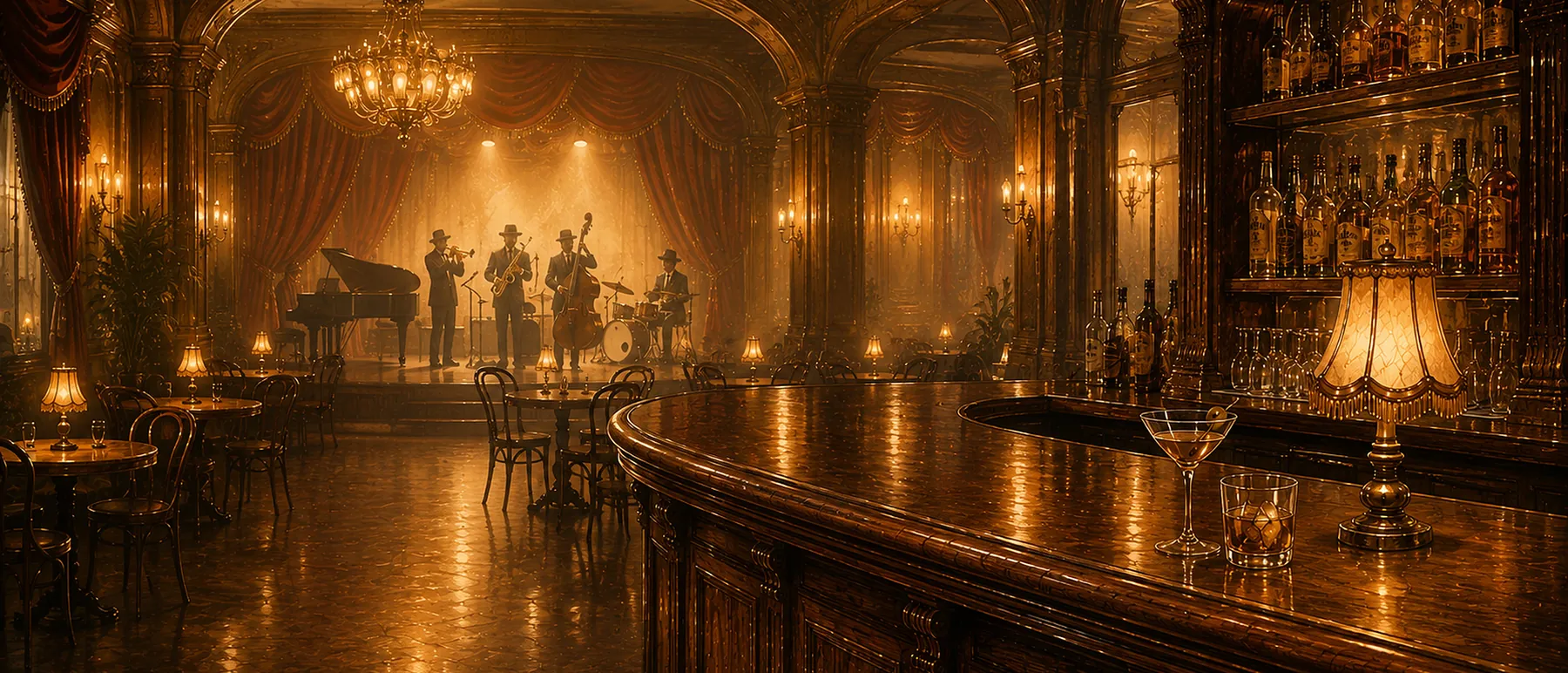 The club at night, the band on a lit stage beyond the bar.