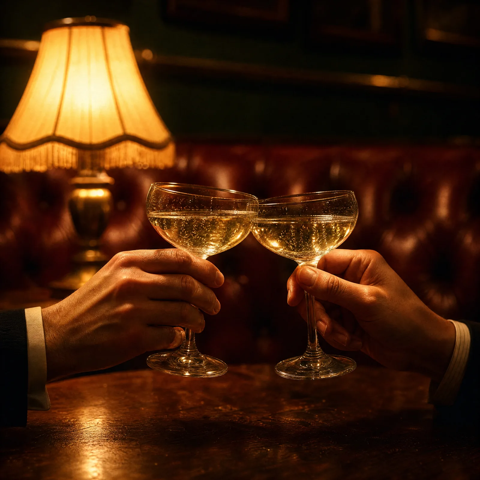Two champagne glasses touching in a toast over the walnut bar.